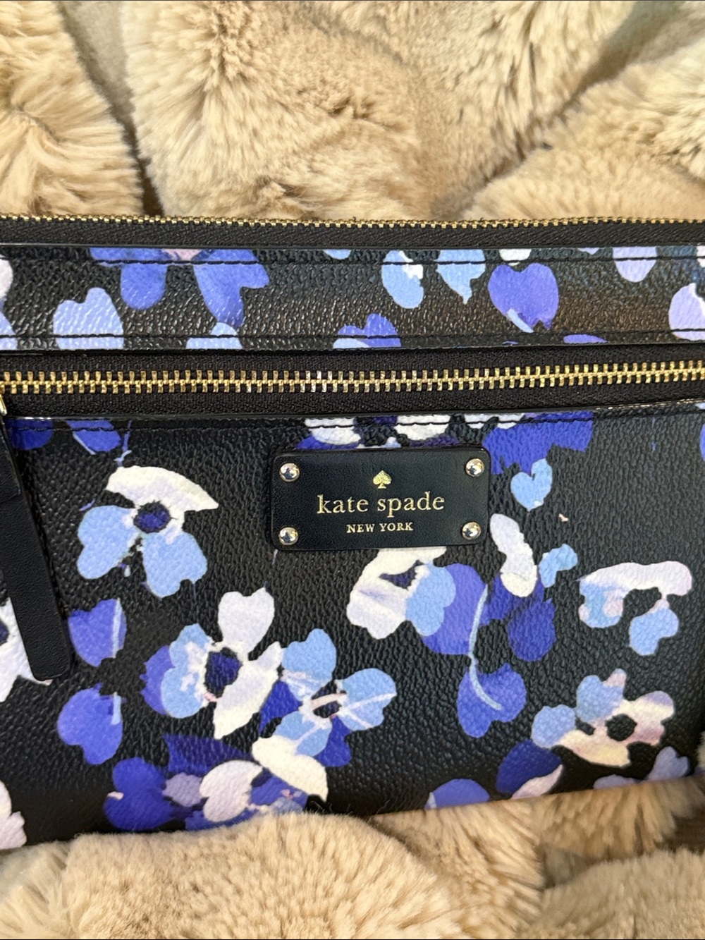 New! No tags, Kate Spade Black Wristlet with Blue and White Floral Print